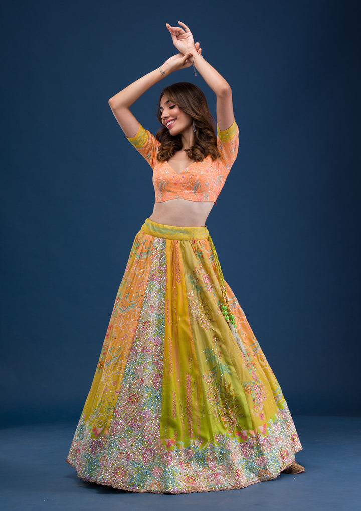 Lemon Yellow Print Crepe Semi Stitched Lehenga