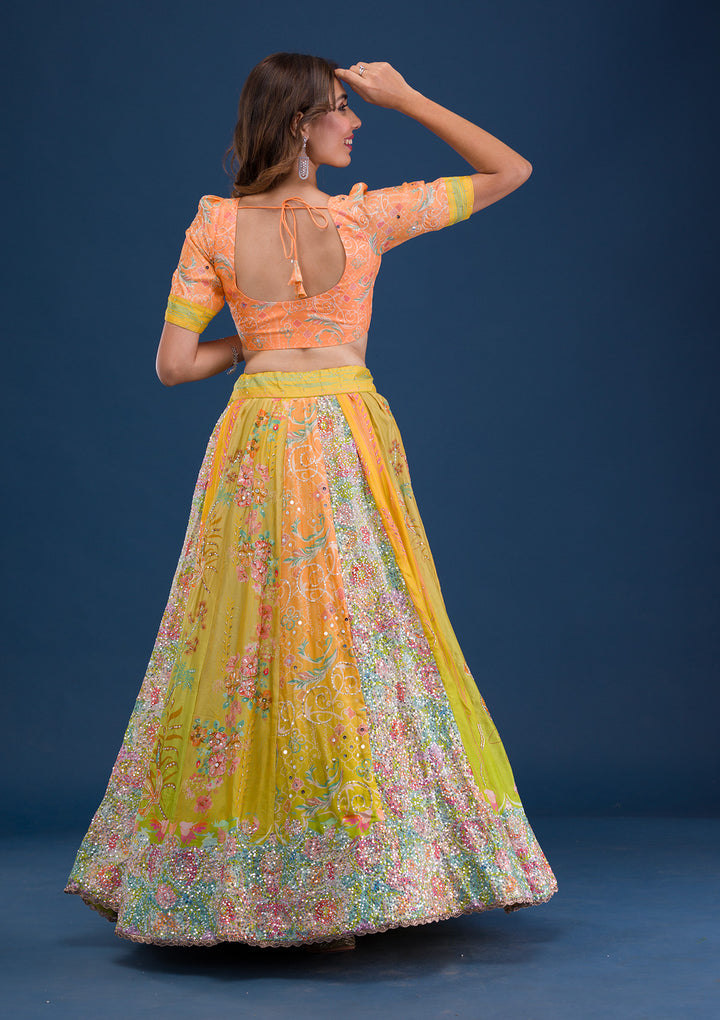Lemon Yellow Print Crepe Semi Stitched Lehenga