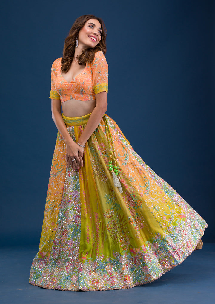 Lemon Yellow Print Crepe Semi Stitched Lehenga