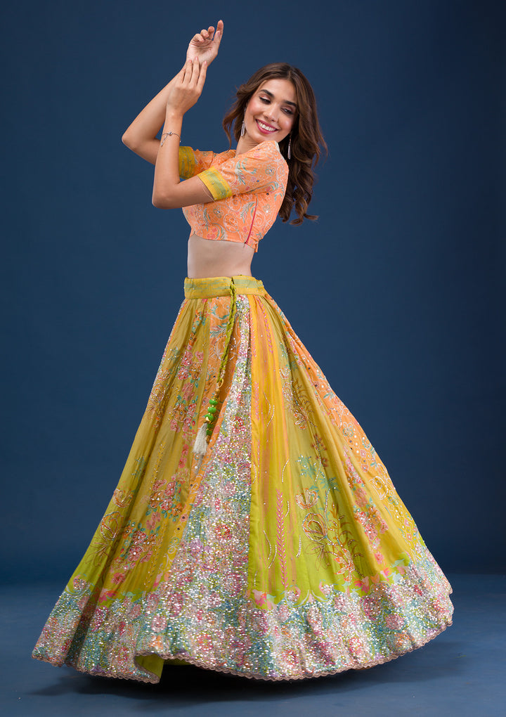 Lemon Yellow Print Crepe Semi Stitched Lehenga