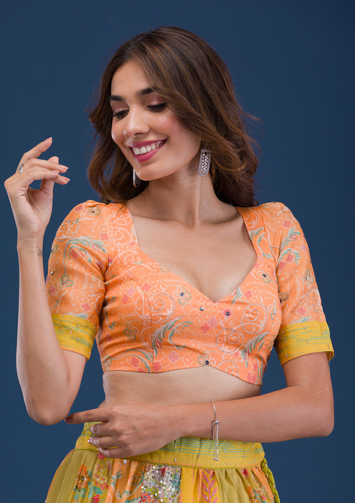 Lemon Yellow Print Crepe Semi Stitched Lehenga