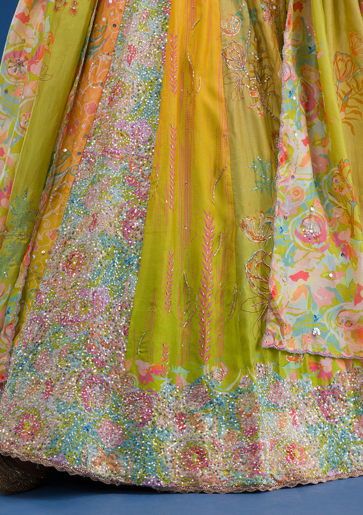 Lemon Yellow Print Crepe Semi Stitched Lehenga