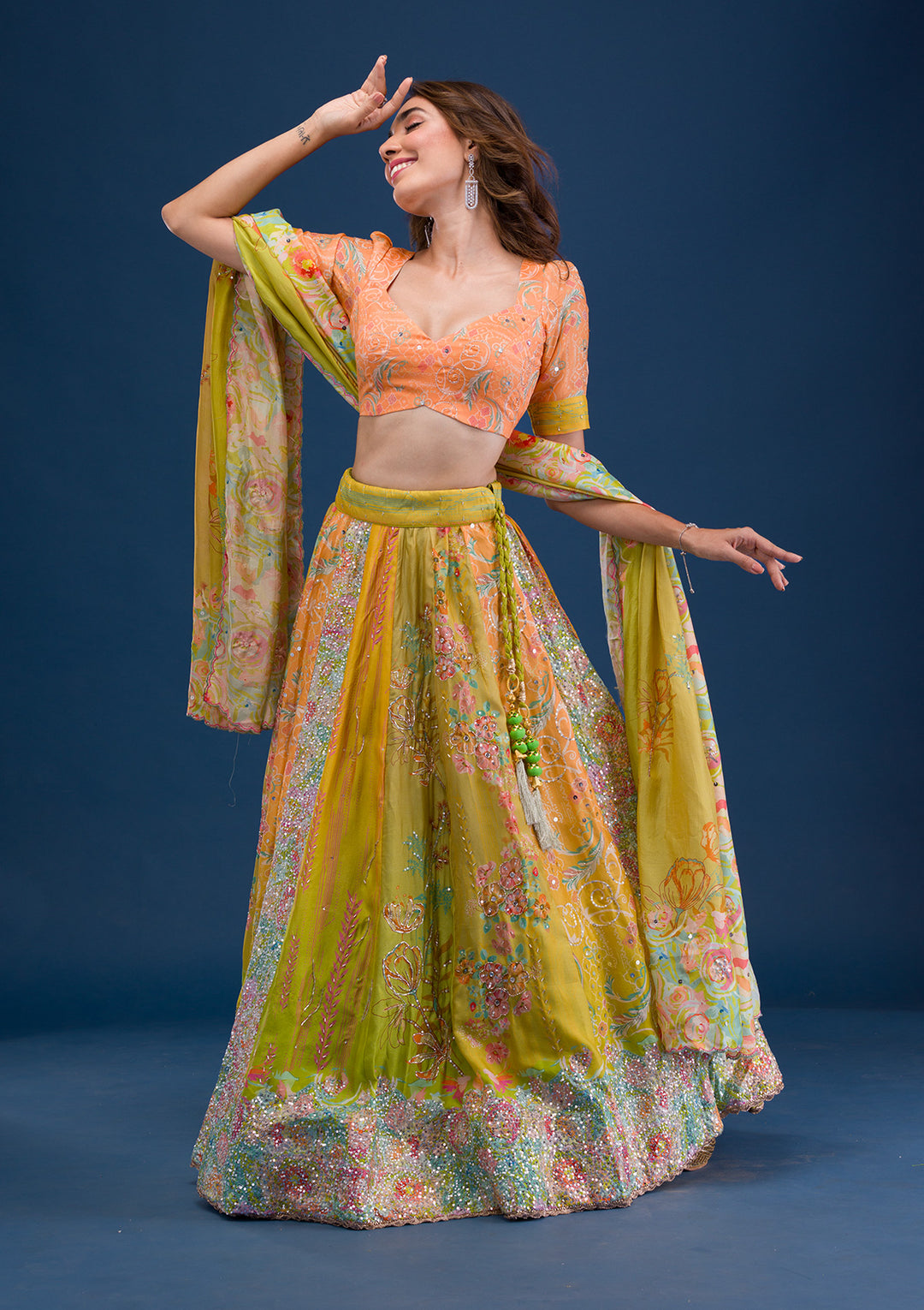 Lemon Yellow Print Crepe Semi Stitched Lehenga