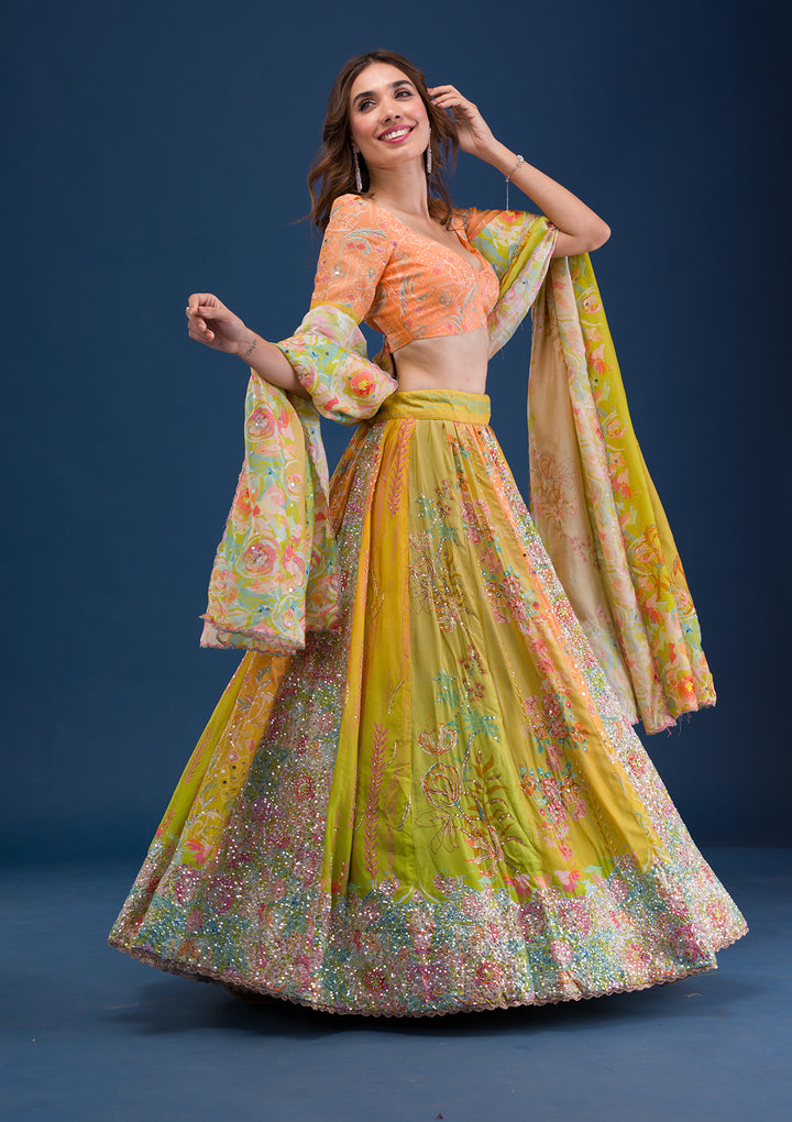 Lemon Yellow Print Crepe Semi Stitched Lehenga