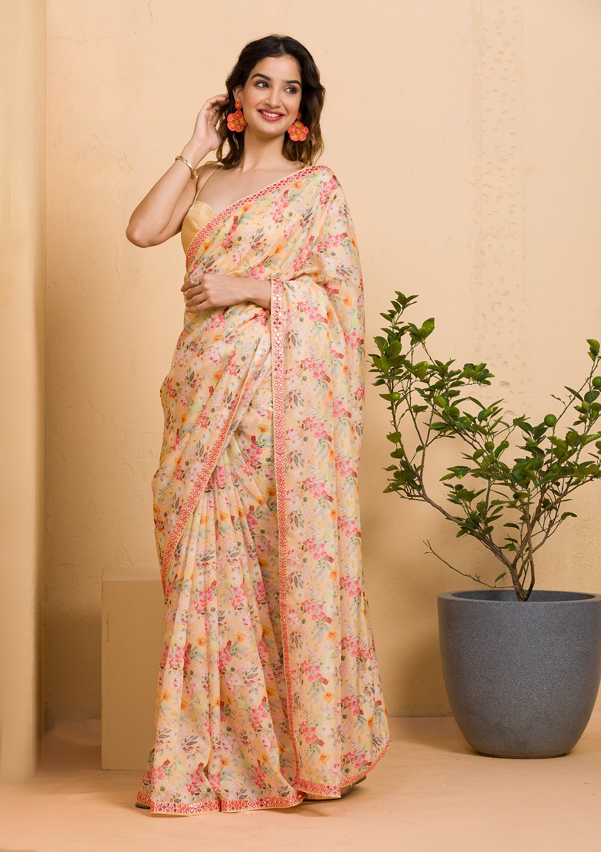 Lemon Yellow Floral Printed Organza Designer Saree-Koskii