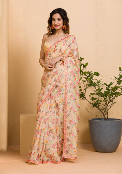 Lemon Yellow Floral Printed Organza Designer Saree