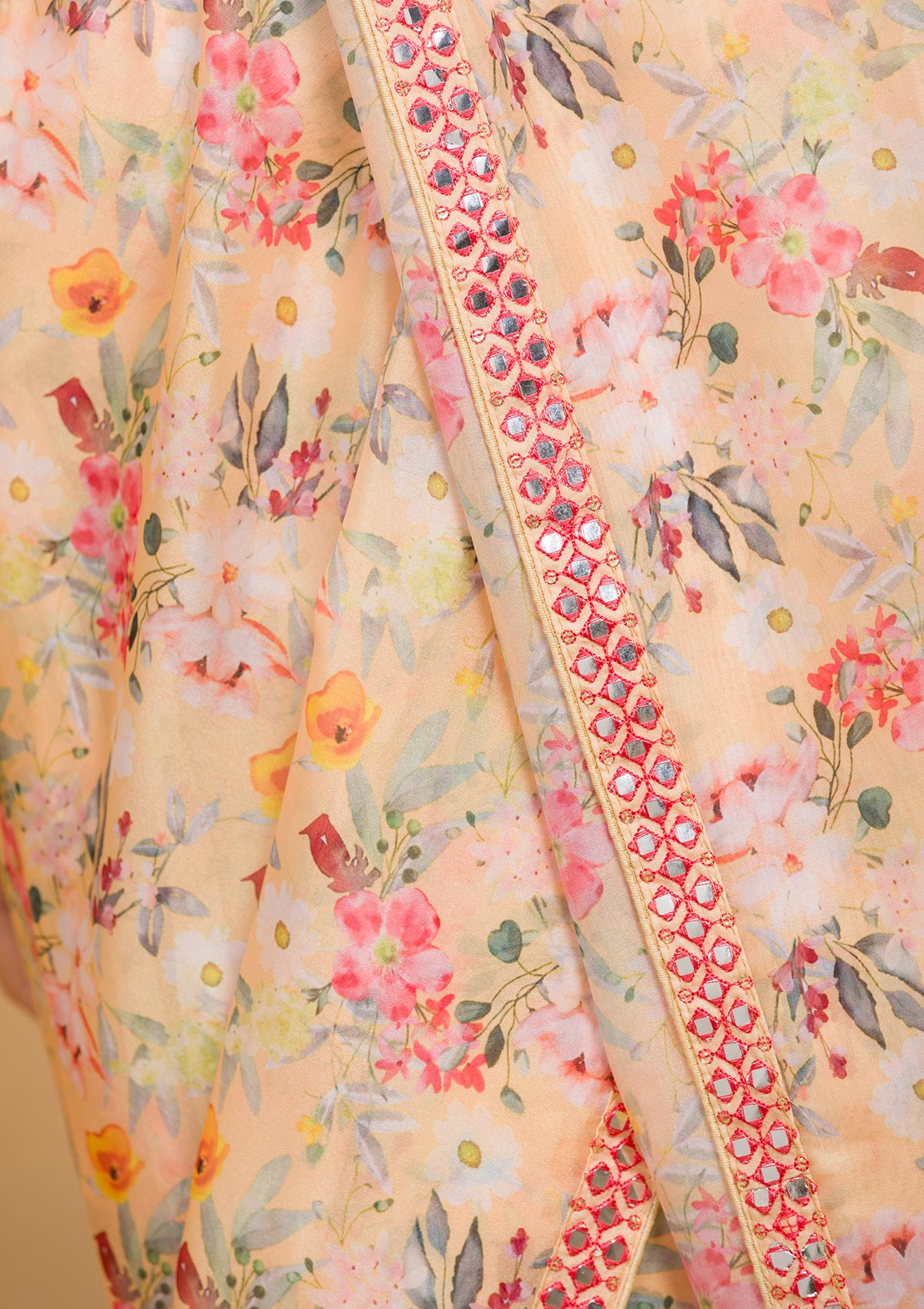 Lemon Yellow Floral Printed Organza Designer Saree
