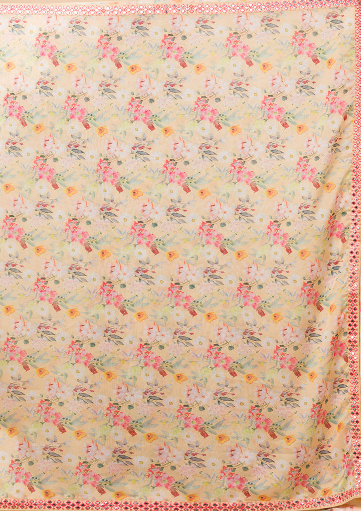 Lemon Yellow Floral Printed Organza Designer Saree