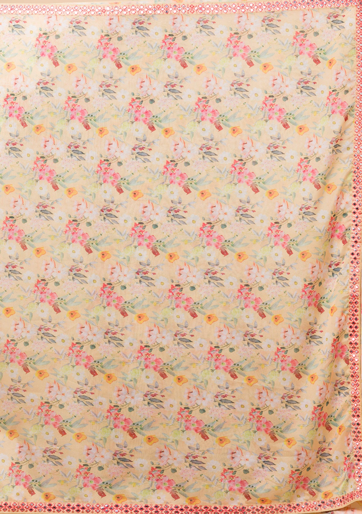 Lemon Yellow Floral Printed Organza Designer Saree