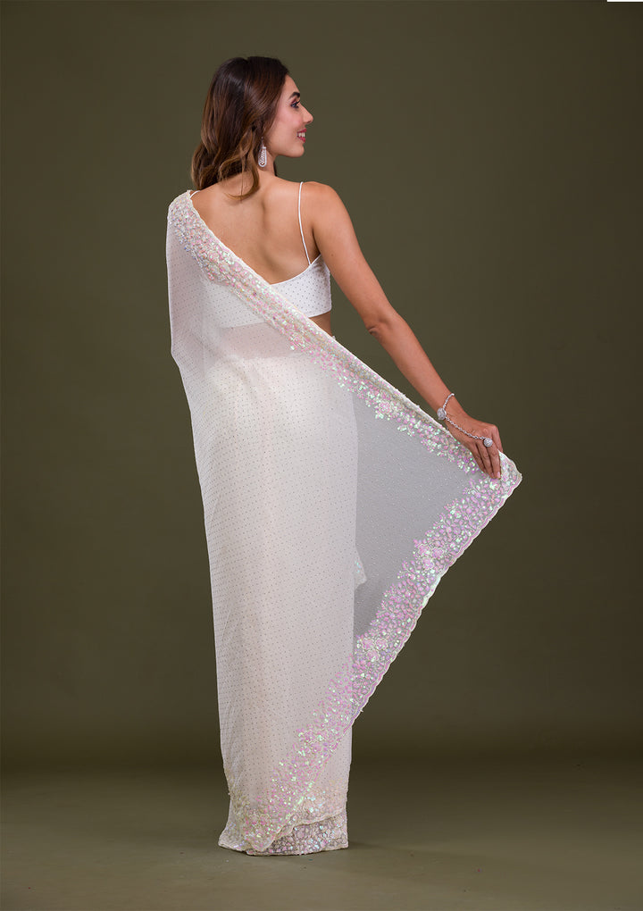 Off White Sequins Georgette Saree