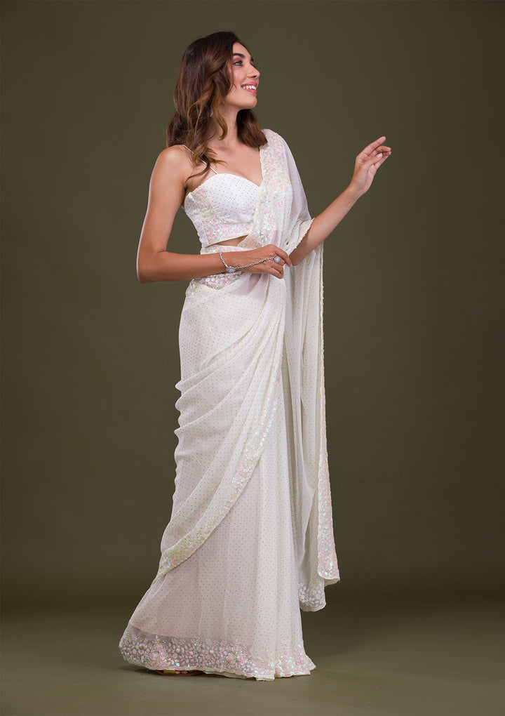 Off White Sequins Georgette Saree
