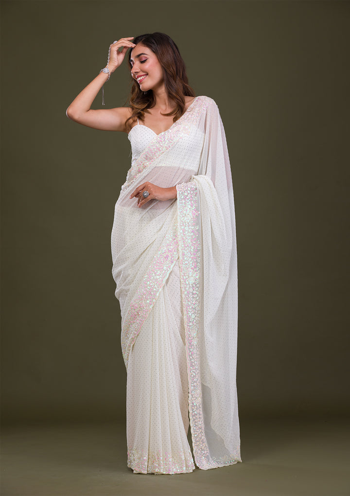 Off White Sequins Georgette Saree