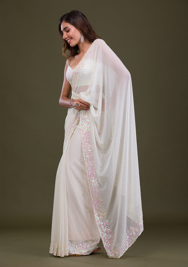 Off White Sequins Georgette Saree