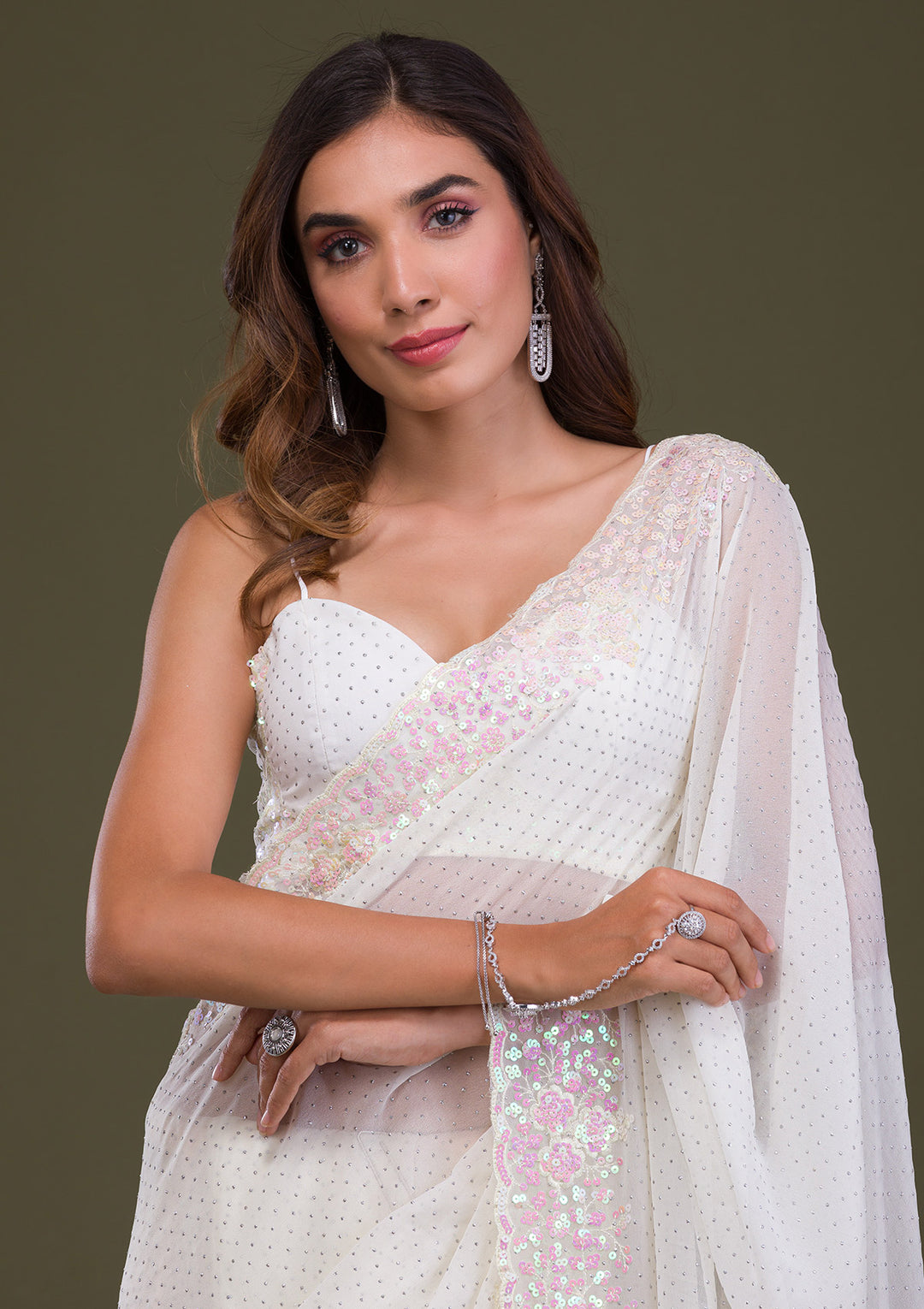 Off White Sequins Georgette Saree