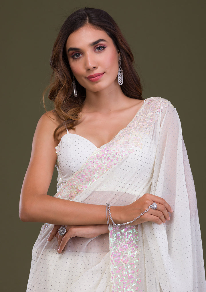 Off White Sequins Georgette Saree