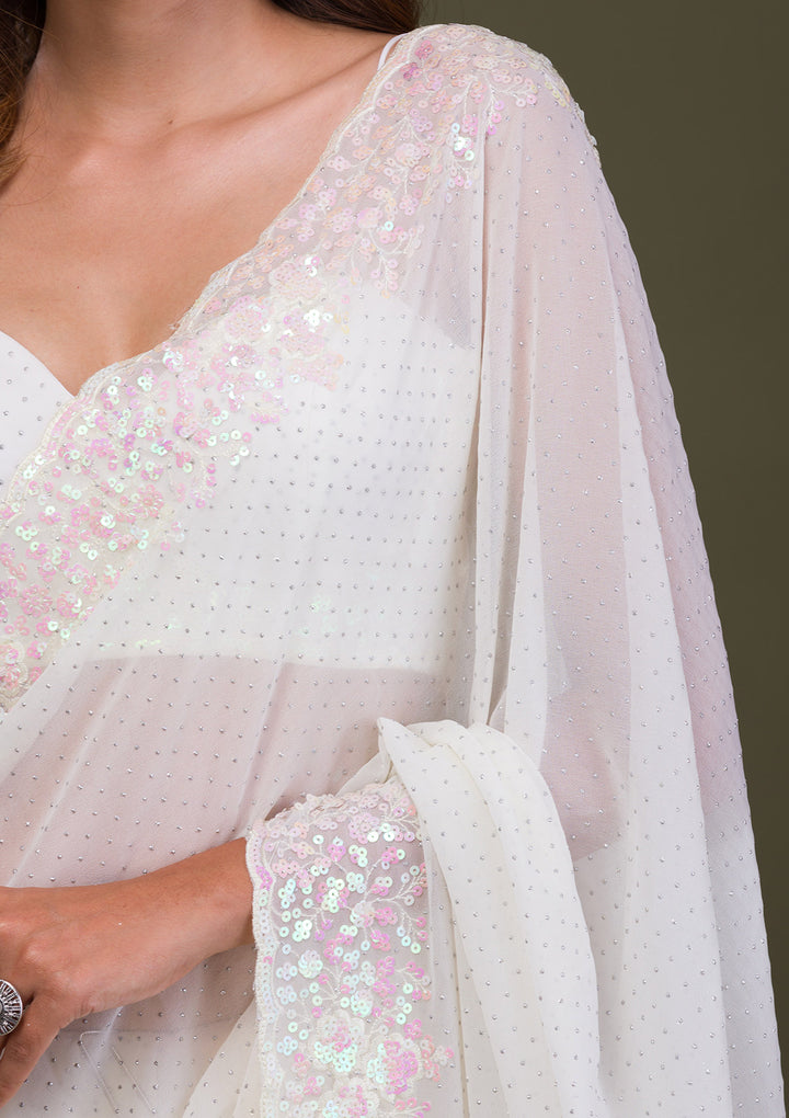 Off White Sequins Georgette Saree