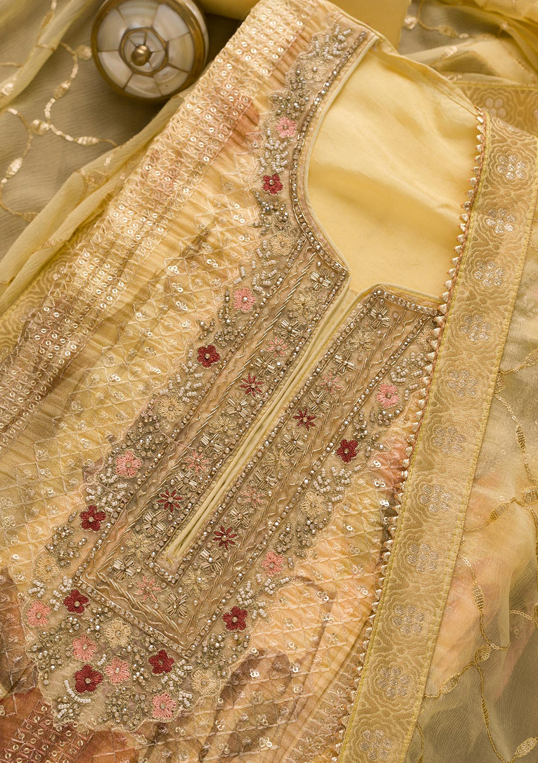 Lemon Yellow Sequins Georgette Unstitched Salwar Suit