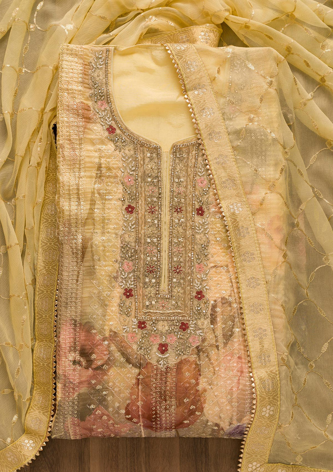 Lemon Yellow Sequins Georgette Unstitched Salwar Suit