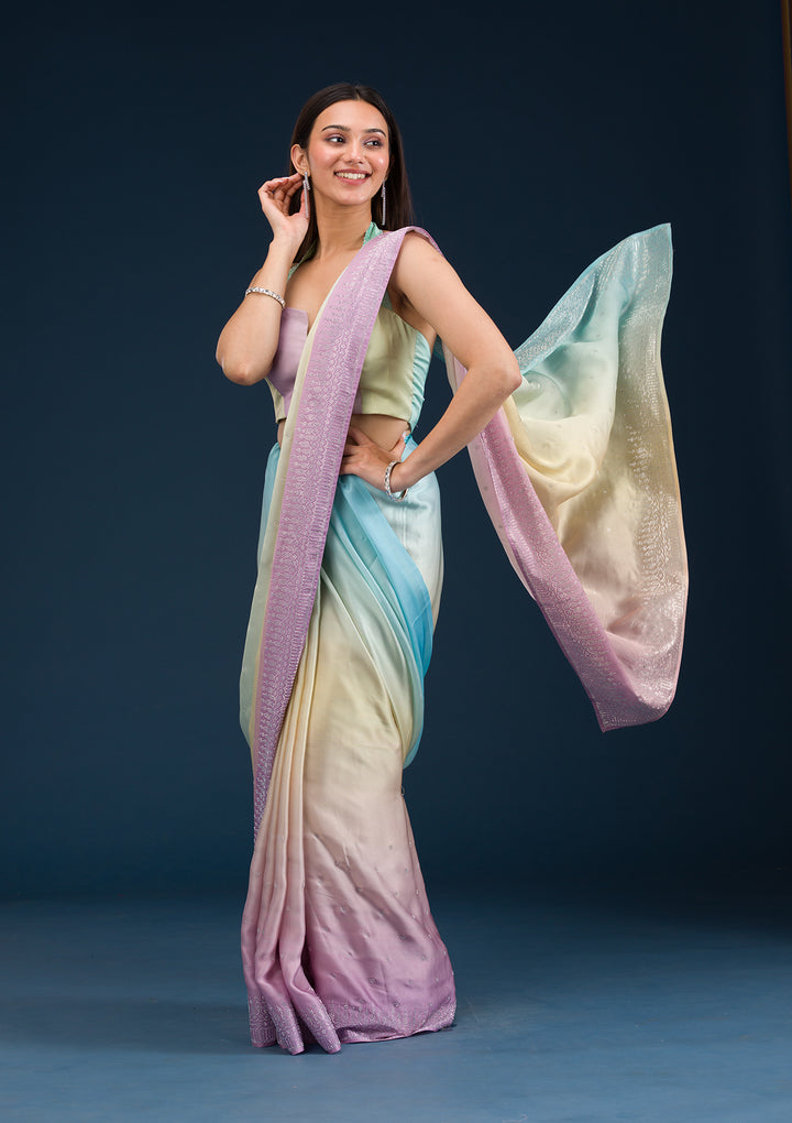 Lemon Yellow Stonework Satin Saree
