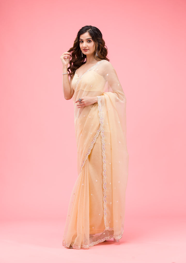 Lemon Yellow Threadwork Chiffon Saree