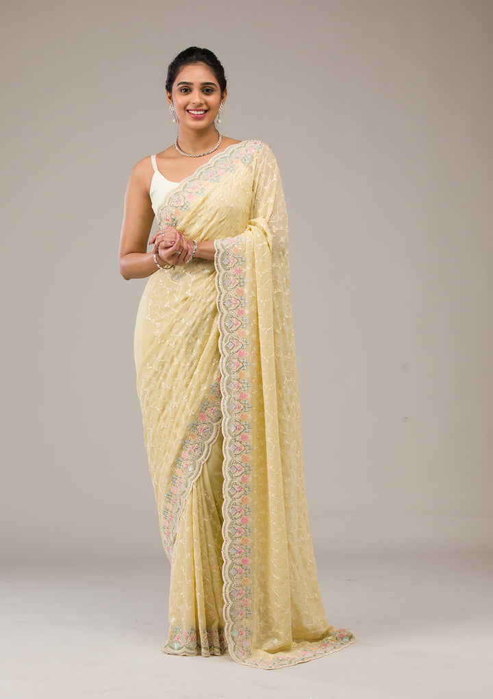 Lemon Yellow Threadwork Georgette Saree