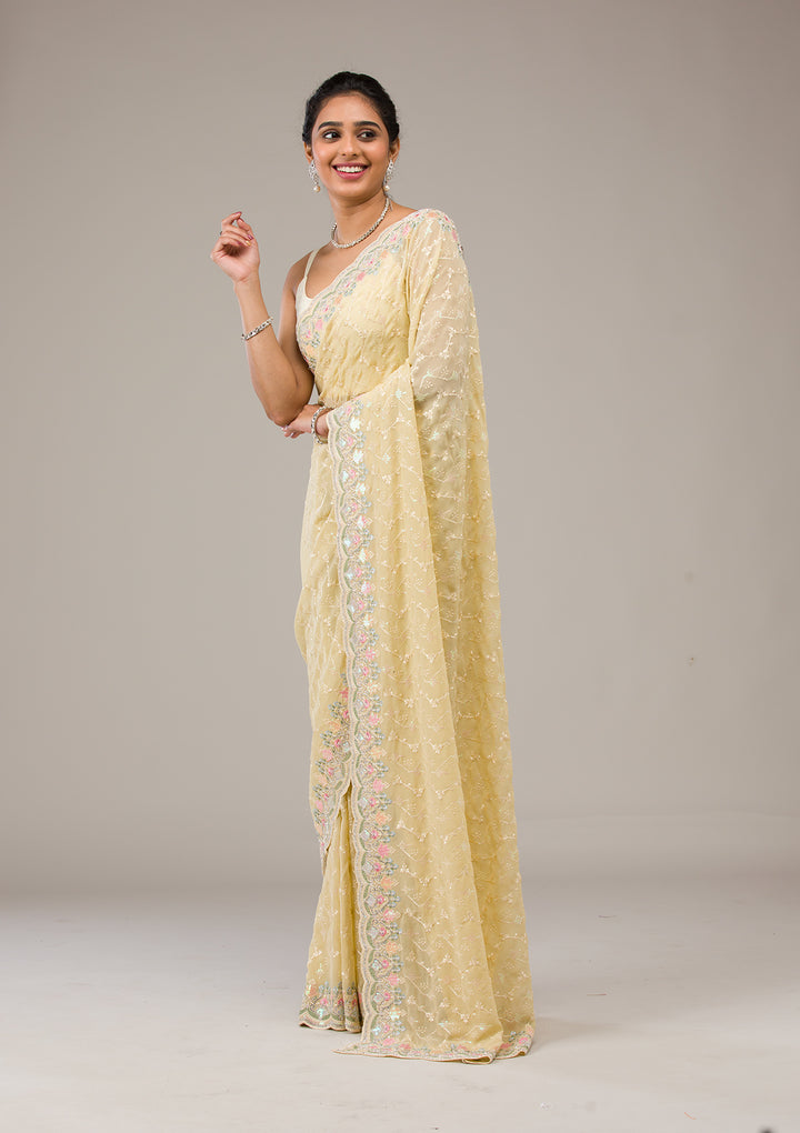 Lemon Yellow Threadwork Georgette Saree