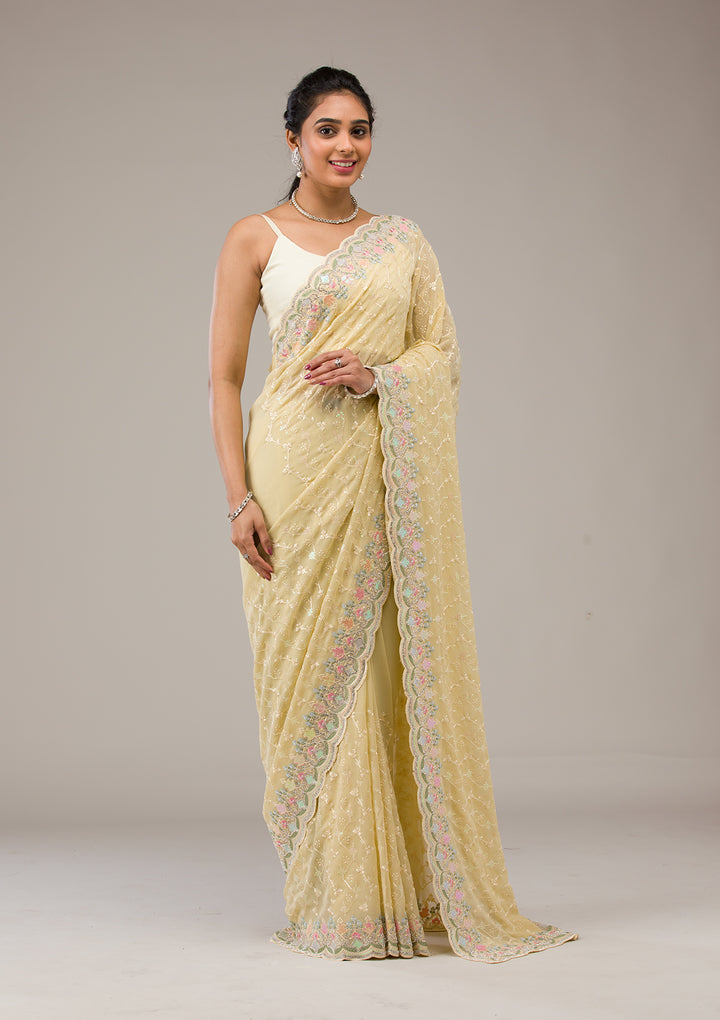 Lemon Yellow Threadwork Georgette Saree