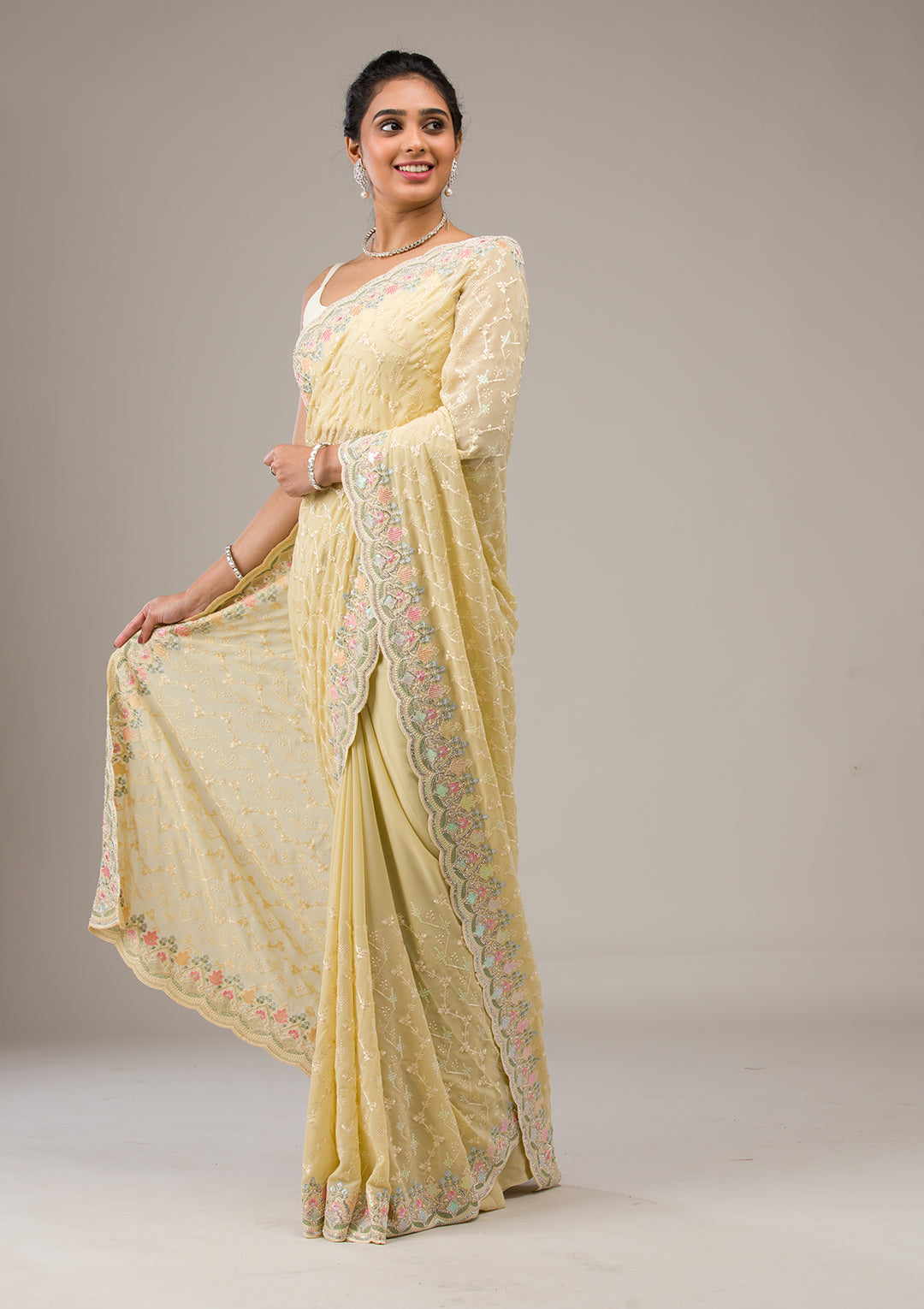 Lemon Yellow Threadwork Georgette Saree