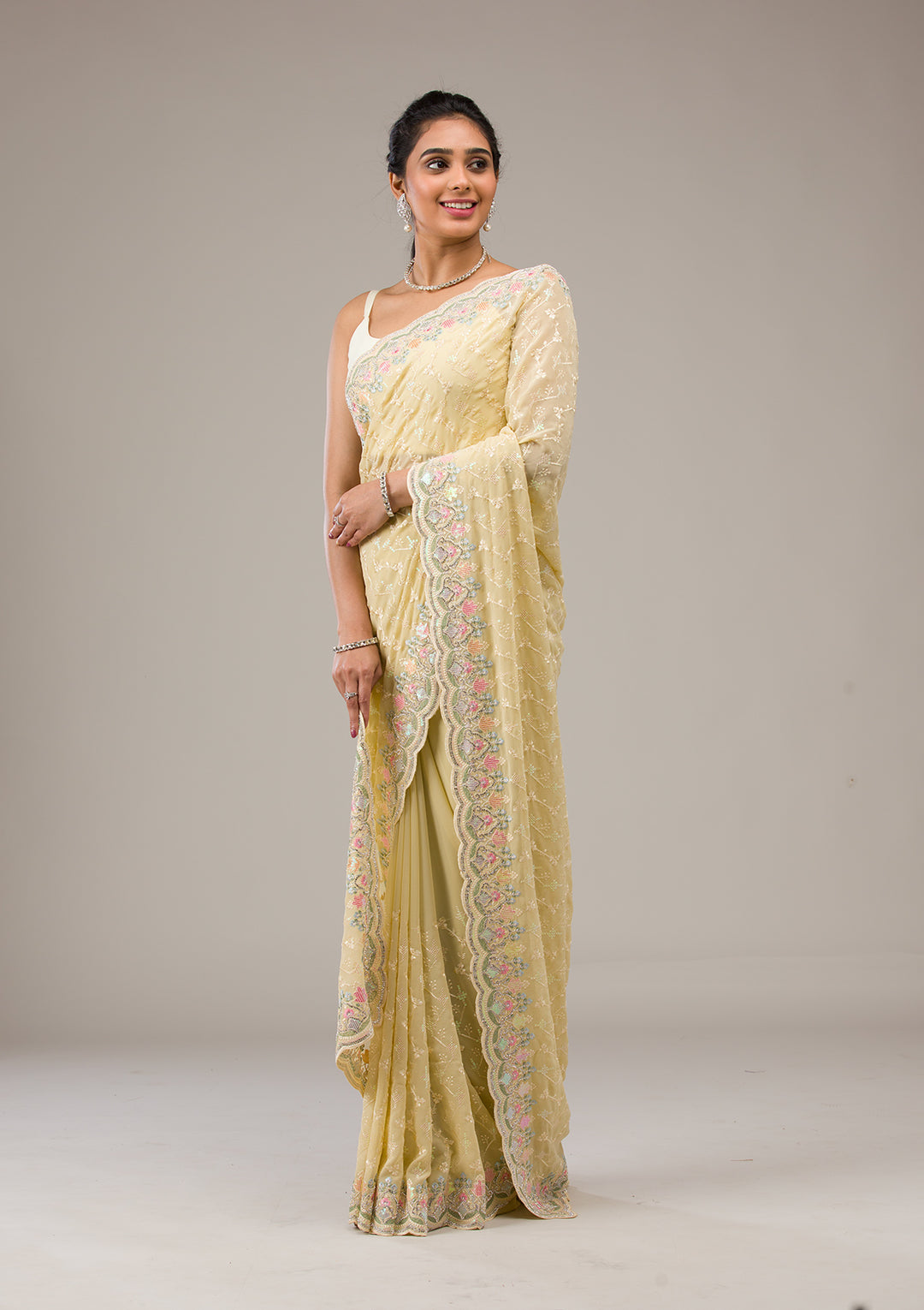 Lemon Yellow Threadwork Georgette Saree