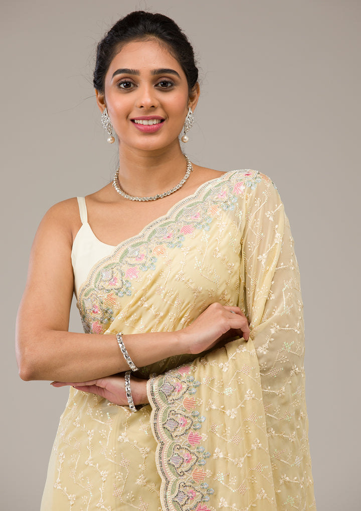 Lemon Yellow Threadwork Georgette Saree