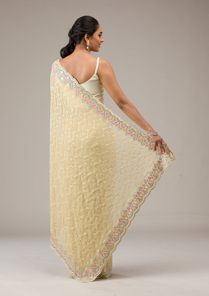 Lemon Yellow Threadwork Georgette Saree