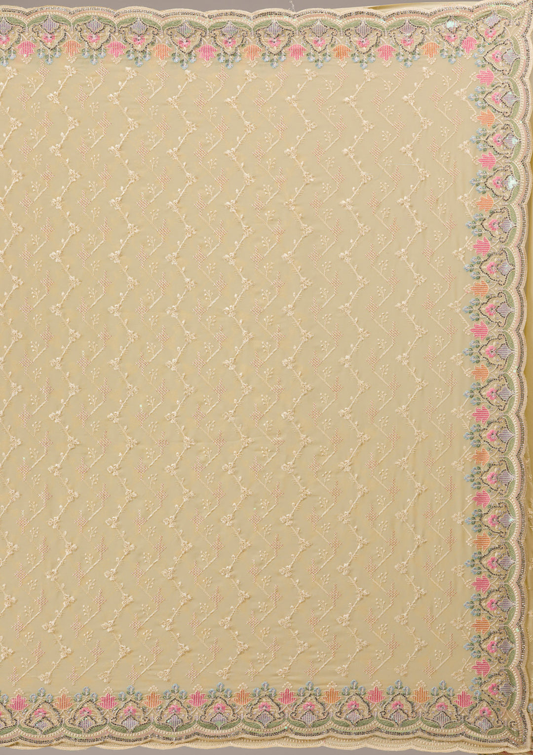 Lemon Yellow Threadwork Georgette Saree