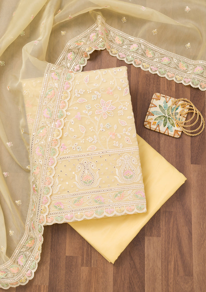 Lemon Yellow Threadwork Organza Unstitched Salwar Suit