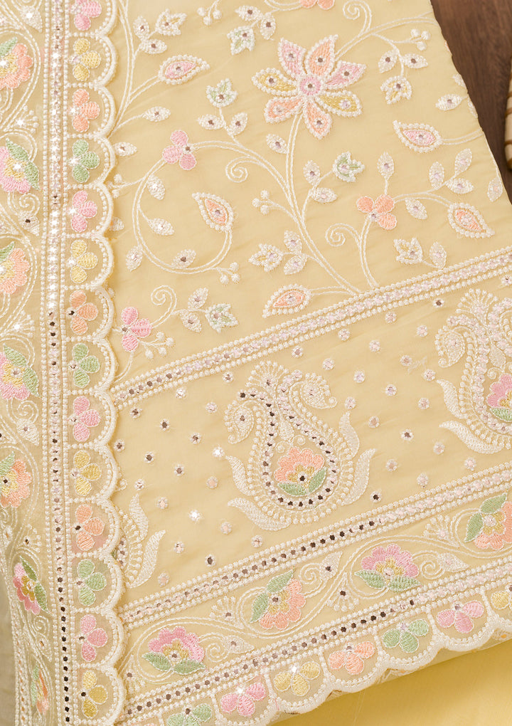 Lemon Yellow Threadwork Organza Unstitched Salwar Suit
