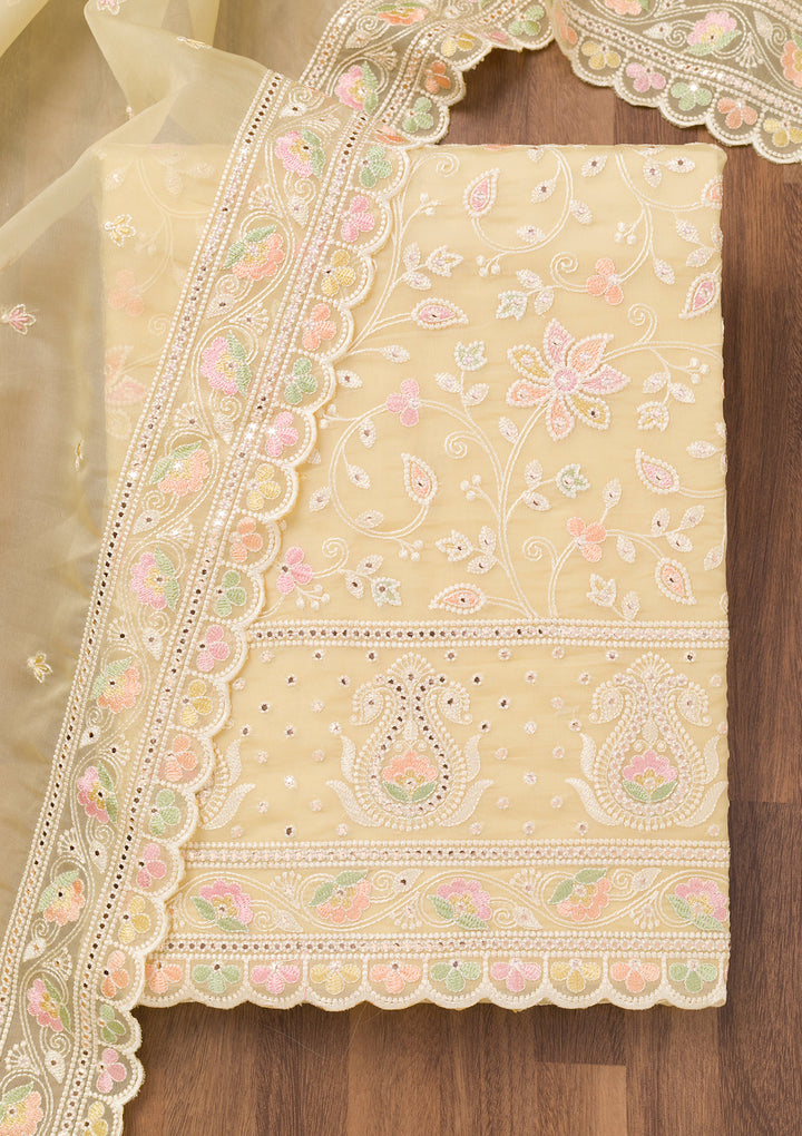 Lemon Yellow Threadwork Organza Unstitched Salwar Suit