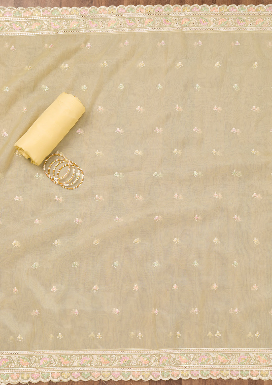 Lemon Yellow Threadwork Organza Unstitched Salwar Suit