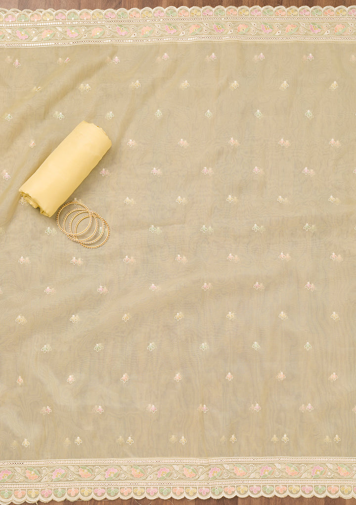 Lemon Yellow Threadwork Organza Unstitched Salwar Suit