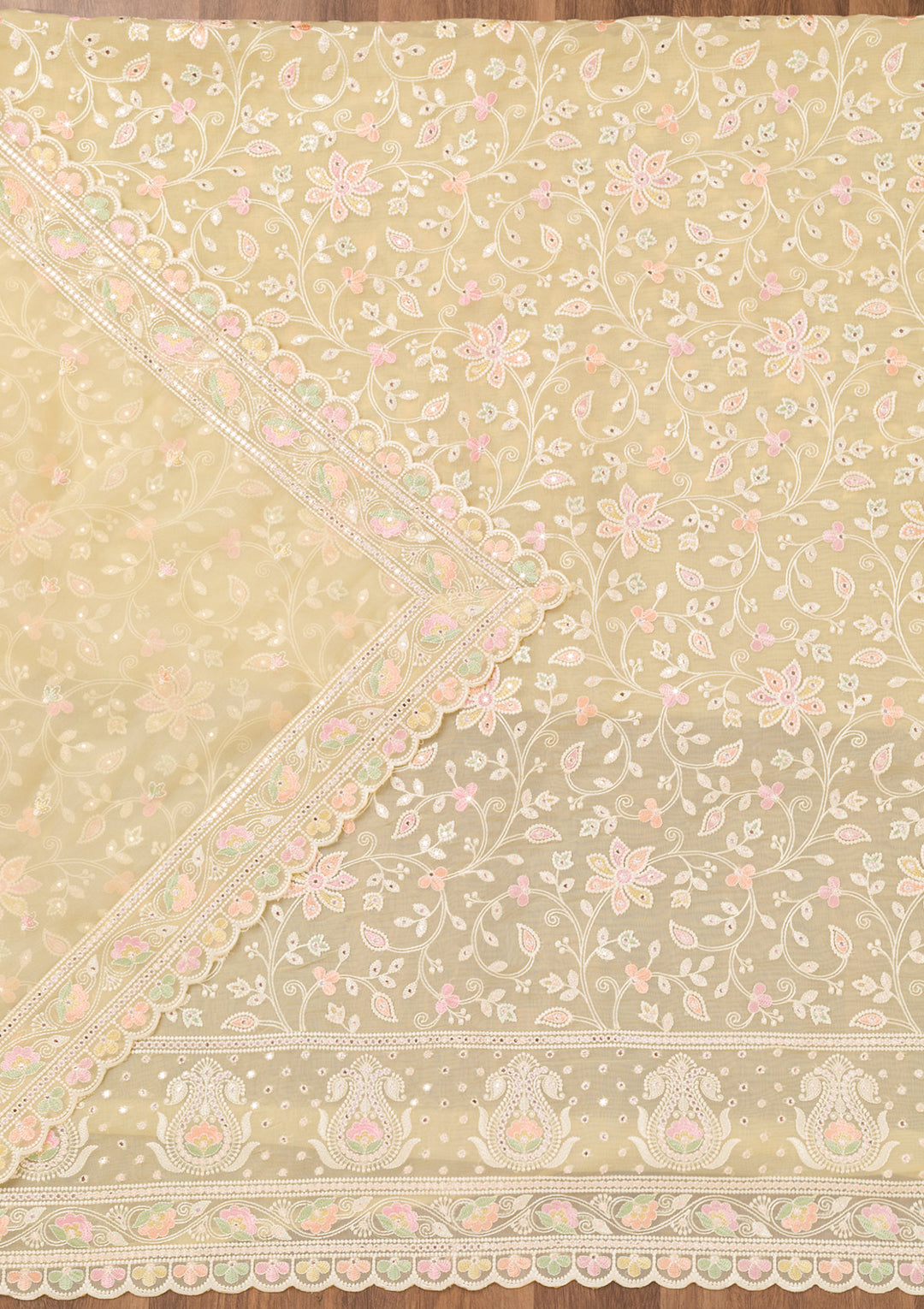 Lemon Yellow Threadwork Organza Unstitched Salwar Suit