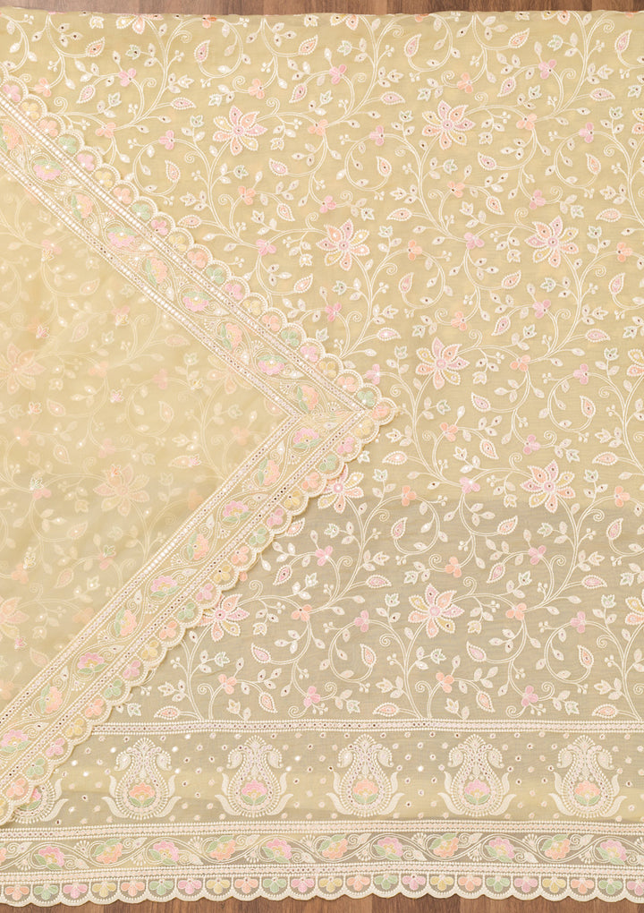 Lemon Yellow Threadwork Organza Unstitched Salwar Suit