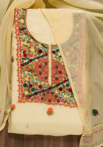 Lemon Yellow Threadwork Tissue Unstitched Salwar Suit