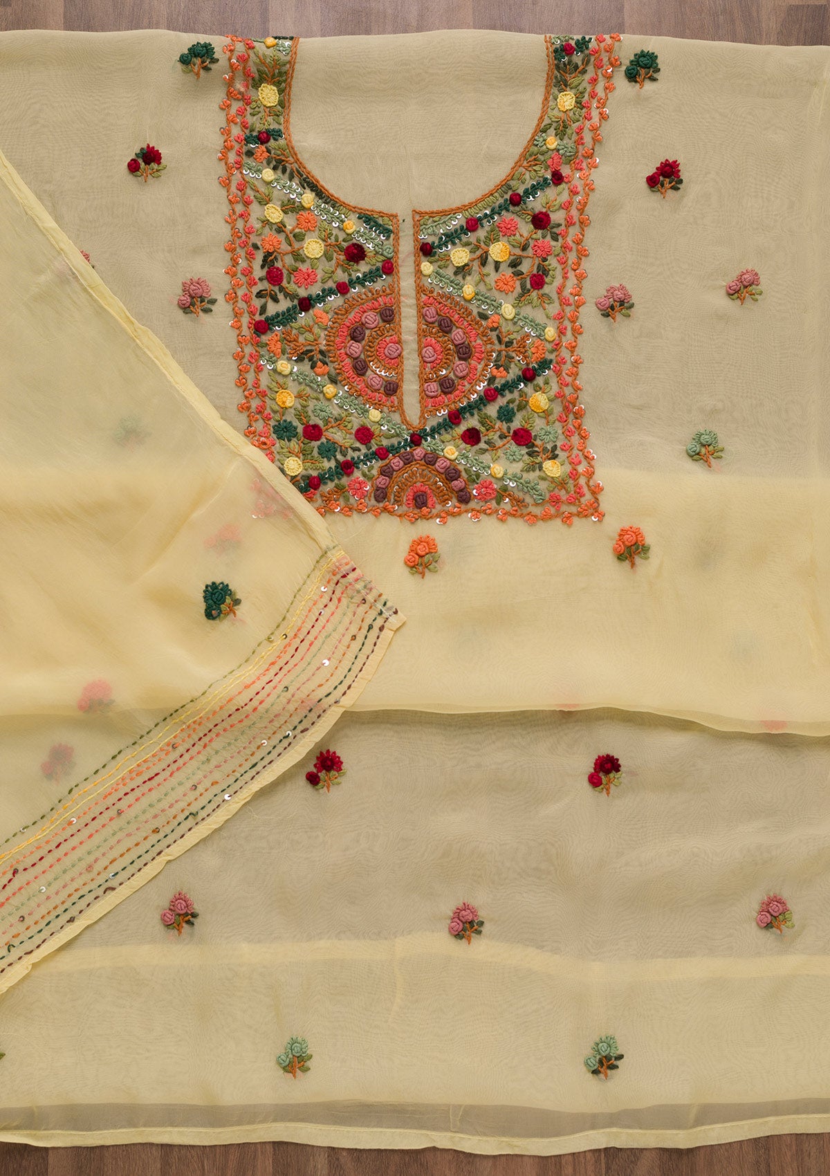 Lemon Yellow Threadwork Tissue Unstitched Salwar Suit