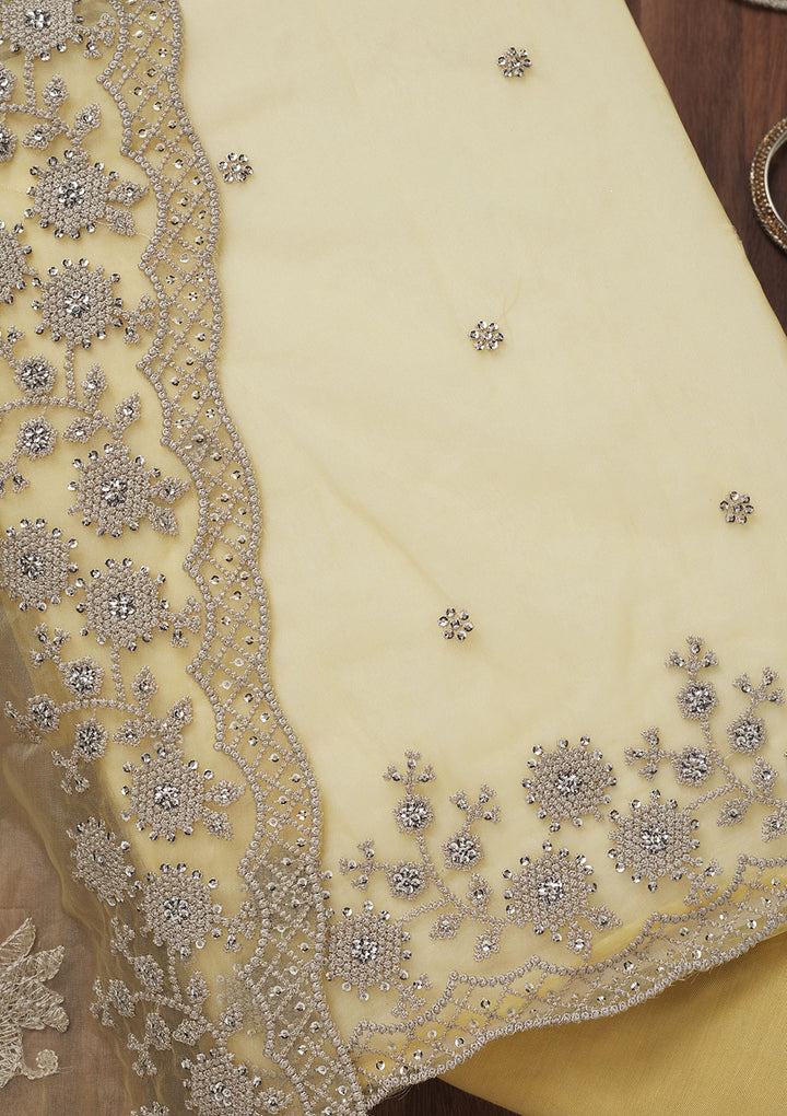 Lemon Yellow Threadwork Tissue Unstitched Salwar Suit