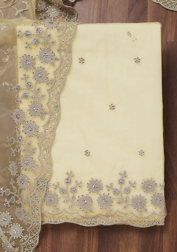Lemon Yellow Threadwork Tissue Unstitched Salwar Suit