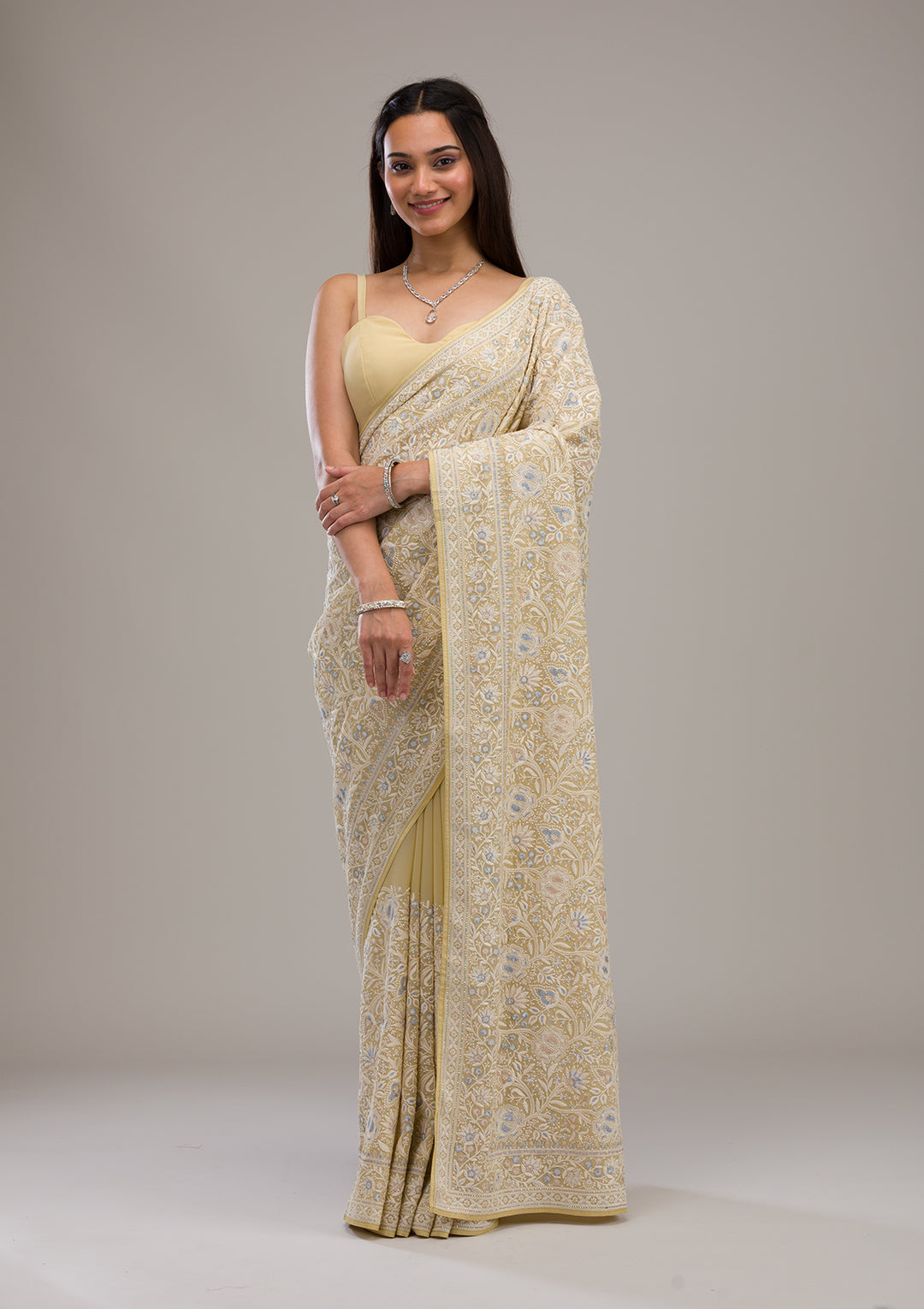 Lemon Yellow Threadwork Tissue Saree