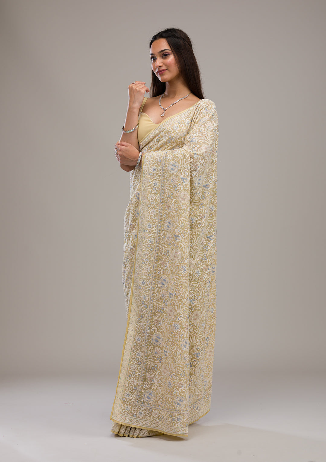 Lemon Yellow Threadwork Tissue Saree