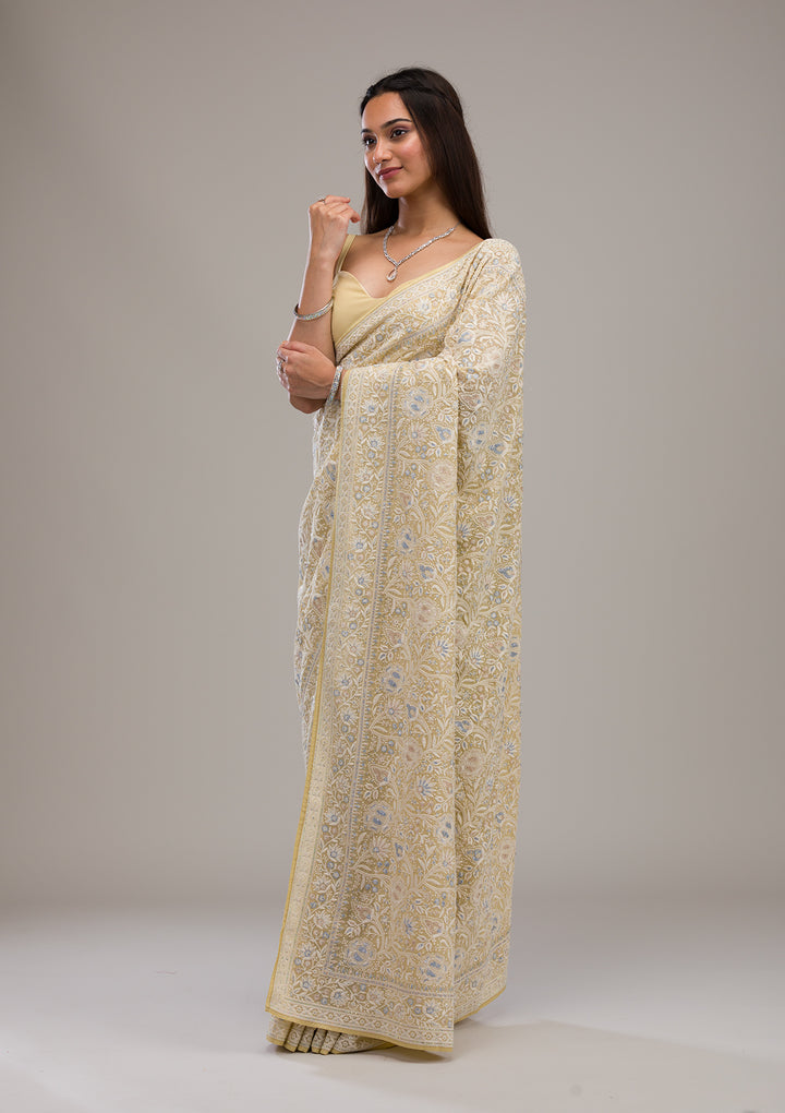 Lemon Yellow Threadwork Tissue Saree