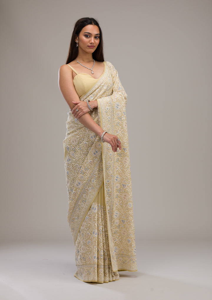 Lemon Yellow Threadwork Tissue Saree