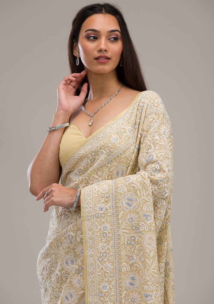 Lemon Yellow Threadwork Tissue Saree