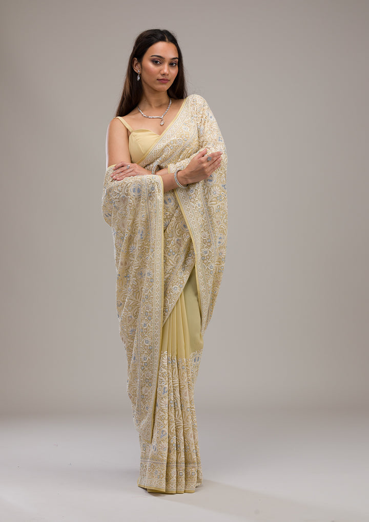 Lemon Yellow Threadwork Tissue Saree