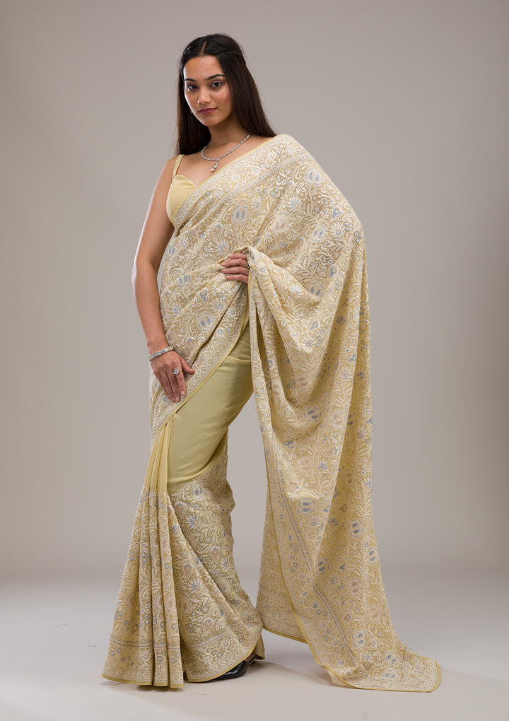 Lemon Yellow Threadwork Tissue Saree